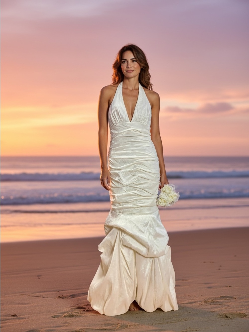 Jessica McClintock Ivory Halter Ruched Taffeta Mermaid Wedding Gown Size 8